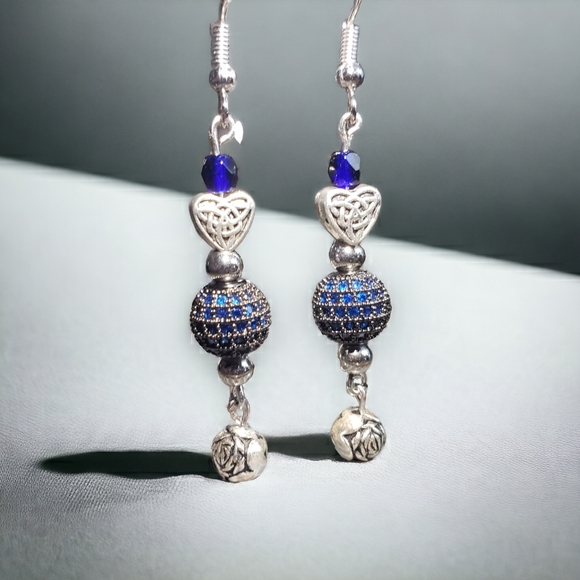 Silver Heart and Rose Beaded, Sapphire Accented Handcrafted Earrings - Picture 3 of 8